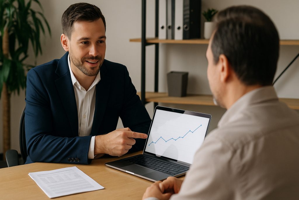 Property manager presenting a growth chart on a laptop to a client during a professional meeting in a modern office setting